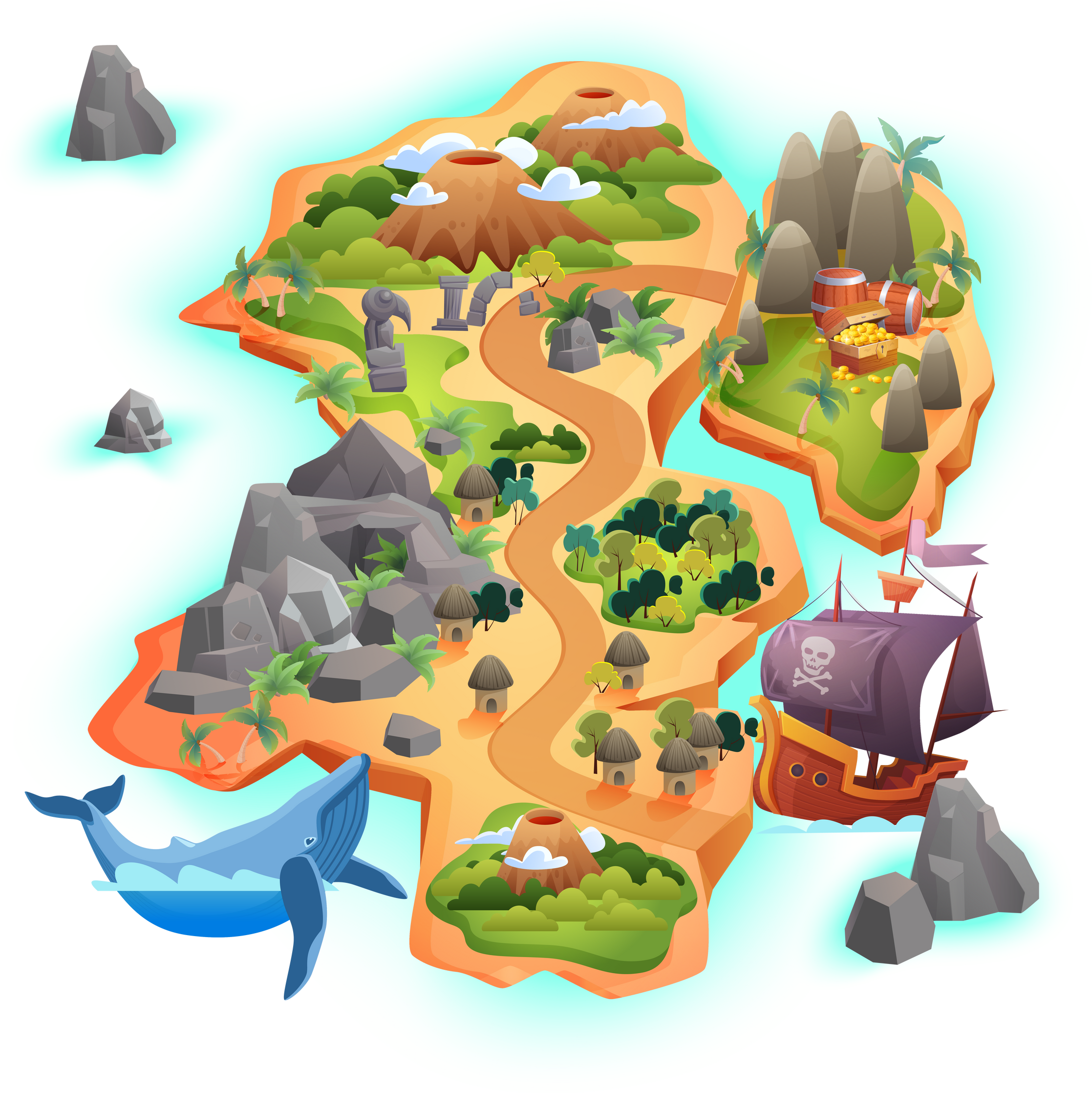 Treasure Game Map, Cartoon Tropical Island Map Showing Road Direction to Pirate Gold Treasure