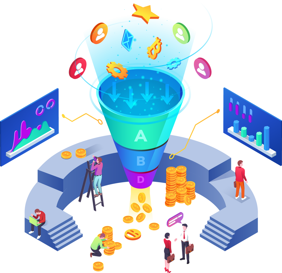 Isometric room with sale funnel generating sales